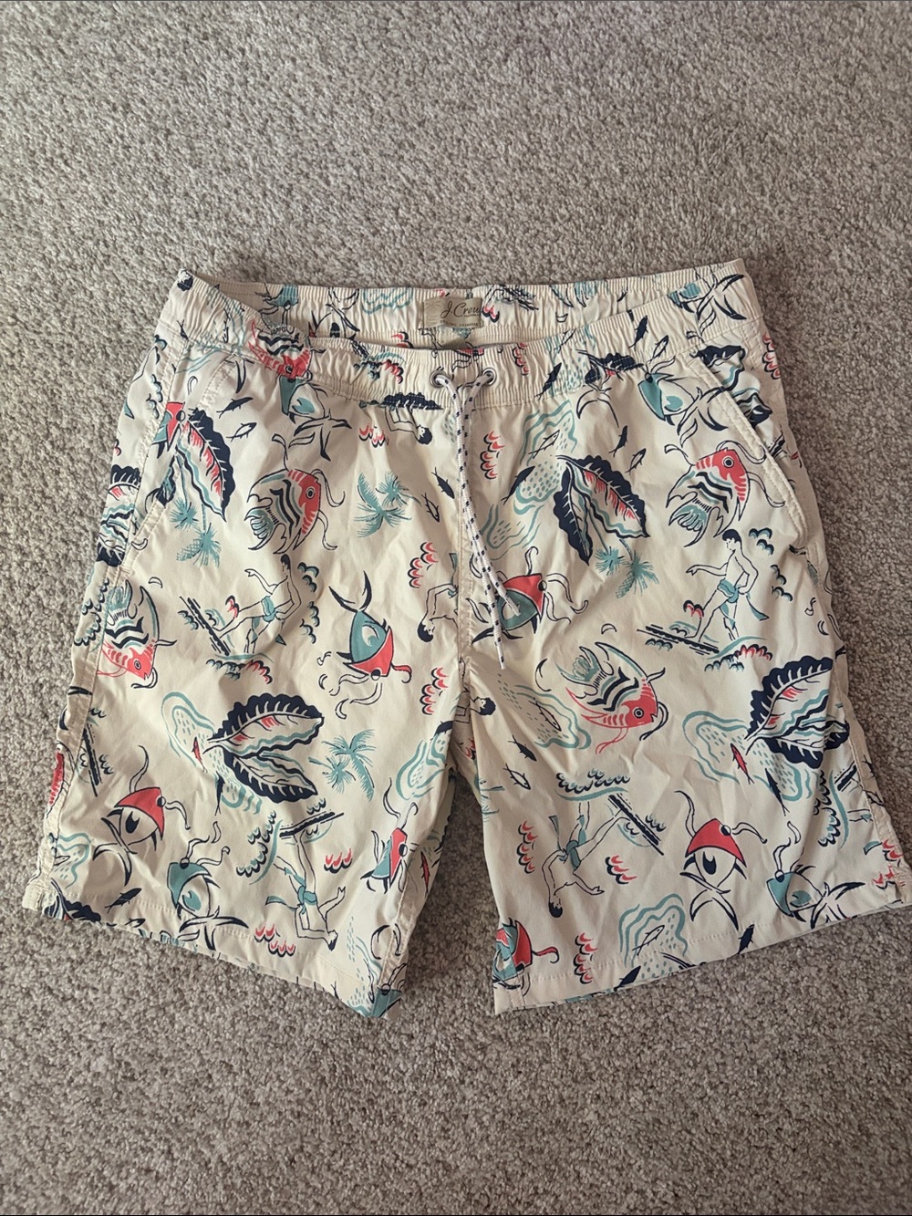 J. Crew Beige Swim Trunks with Red and Teal Fish Print